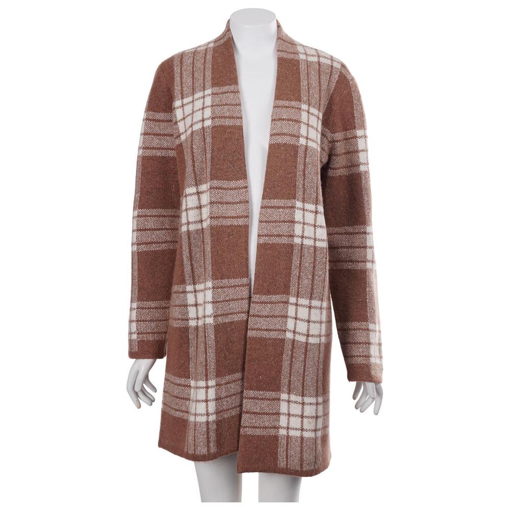 TALBOTS Sweater S Brown Plaid Cardigan Open Front Long Sleeve Casual